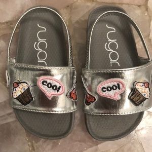 Silver Slides, sandals with super cute w/ patches